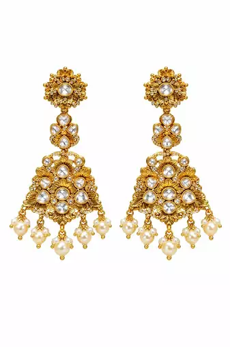 Gold plated pearl kundan necklace set with maang tikka