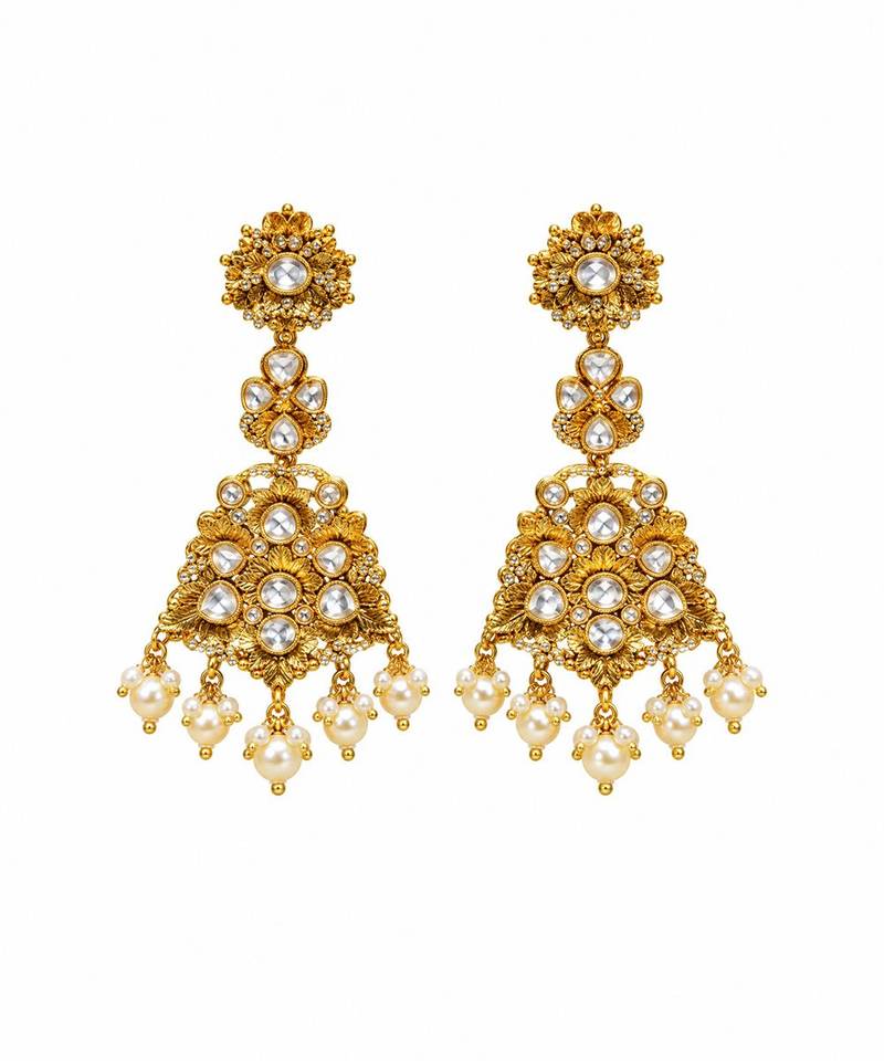 Gold plated pearl kundan necklace set with maang tikka