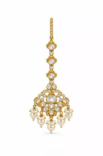 Gold plated pearl kundan necklace set with maang tikka