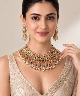 Antique gold plated kundan statement necklace set 1
