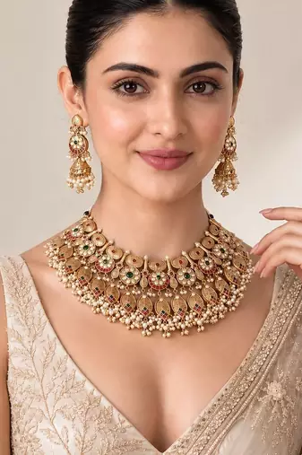Antique gold plated kundan statement necklace set