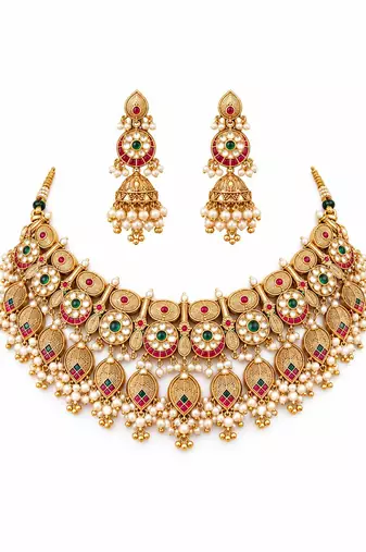 Antique gold plated kundan statement necklace set