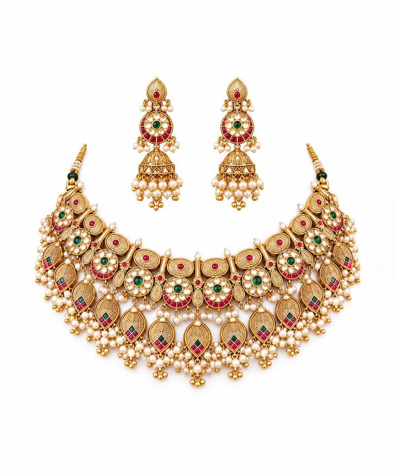 Antique gold plated kundan statement necklace set