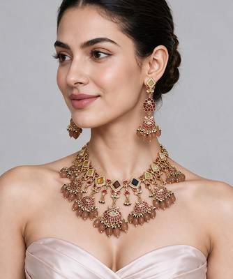 Gold plated multicolor kundan drop necklace set 1