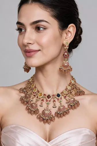 Gold plated multicolor kundan drop necklace set