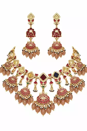 Gold plated multicolor kundan drop necklace set