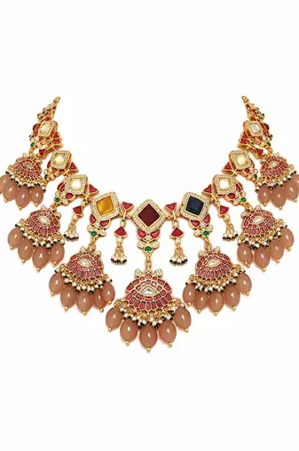 Gold plated multicolor kundan drop necklace set