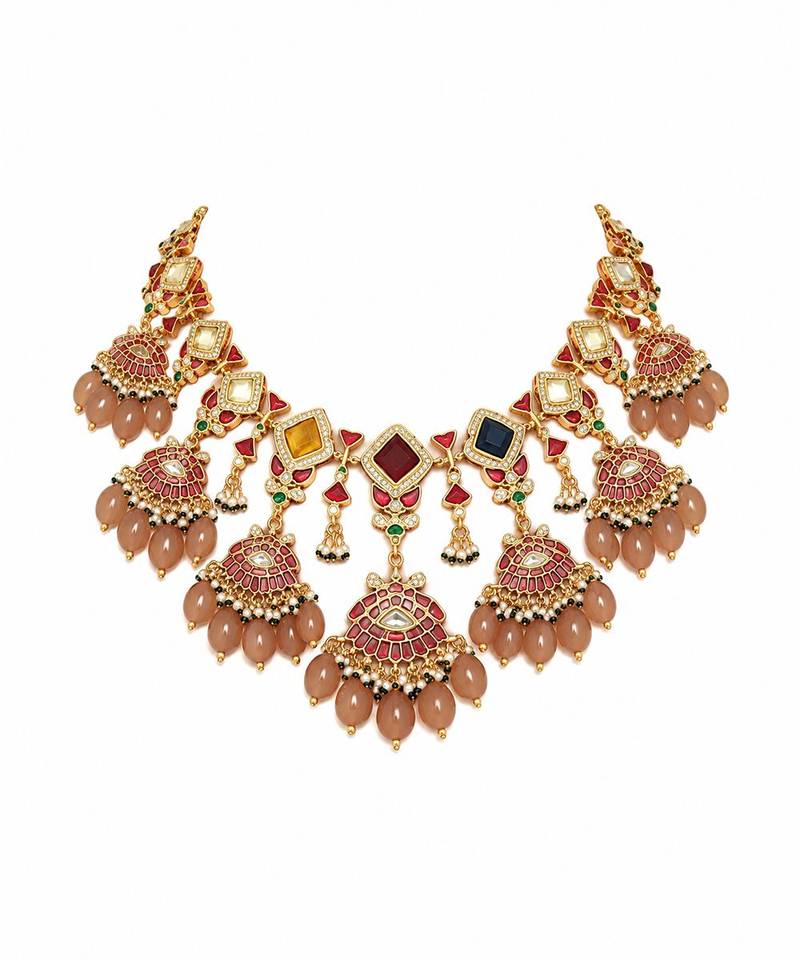 Gold plated multicolor kundan drop necklace set