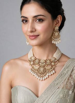 Gold plated pearl kundan layered statement necklace set 1