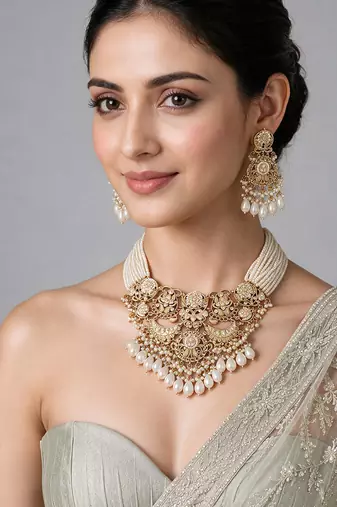 Gold plated pearl kundan layered statement necklace set