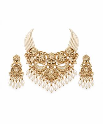 Gold plated pearl kundan layered statement necklace set 2