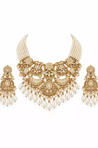 Gold plated pearl kundan layered statement necklace set