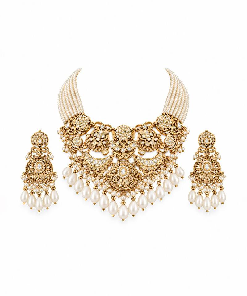 Gold plated pearl kundan layered statement necklace set