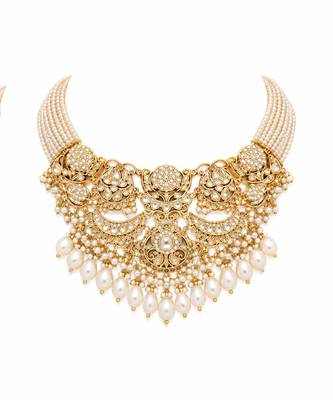 Gold plated pearl kundan layered statement necklace set 3