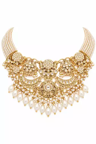 Gold plated pearl kundan layered statement necklace set