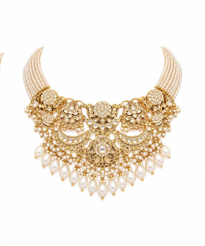 Gold plated pearl kundan layered statement necklace set