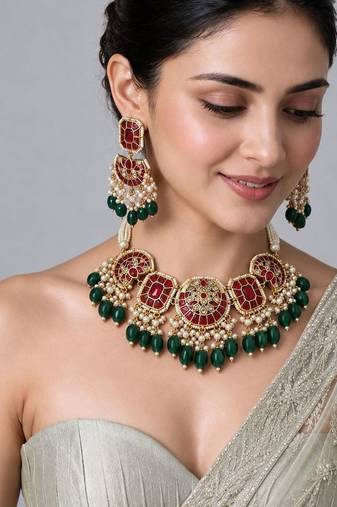 Gold plated multicolor kundan bead necklace set