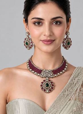 Gold plated ruby red moissanite statement necklace set 1