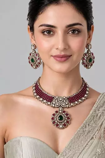 Gold plated ruby red moissanite statement necklace set
