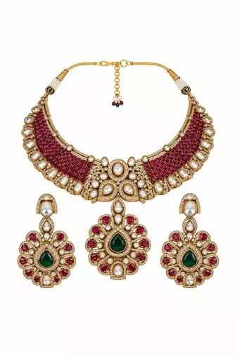 Gold plated ruby red moissanite statement necklace set