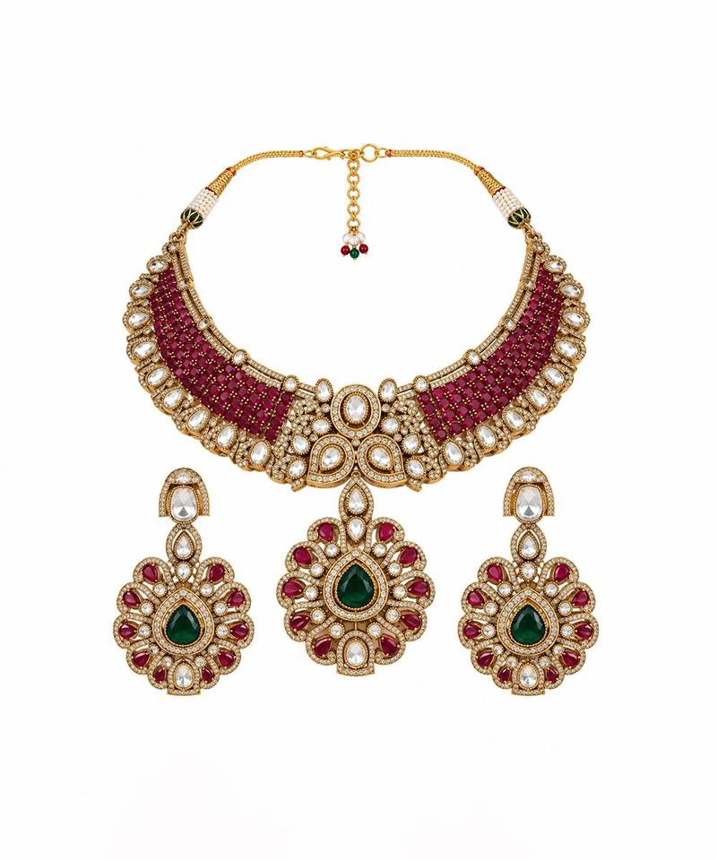 Gold plated ruby red moissanite statement necklace set