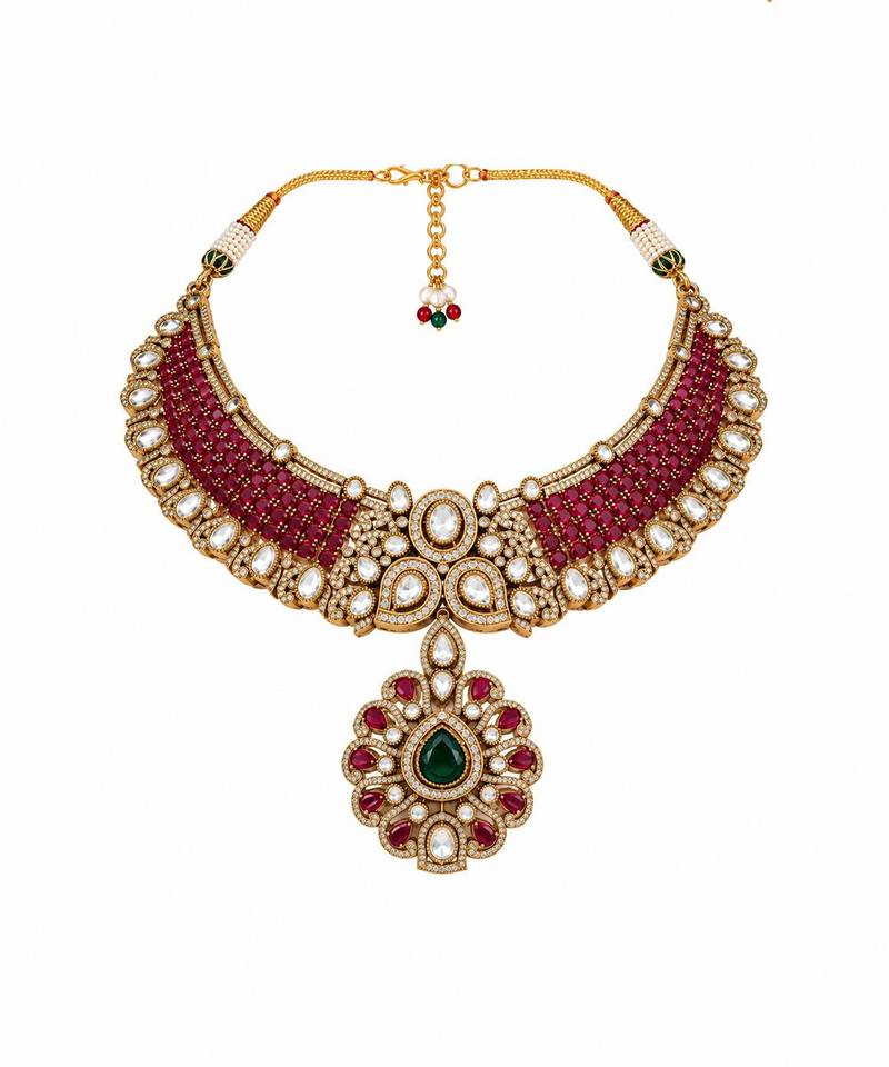 Gold plated ruby red moissanite statement necklace set
