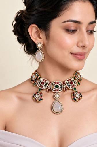 Gold plated multicolor semi precious stone drop necklace set