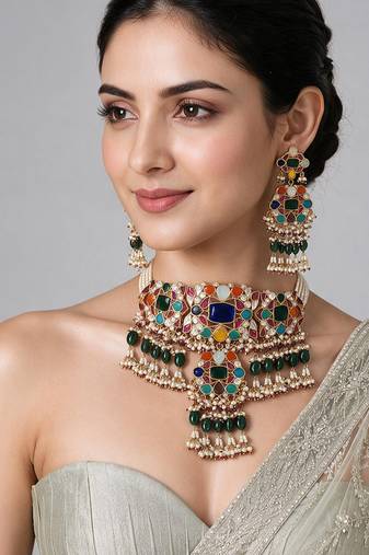 Gold plated multicolor kundan pearl choker necklace set