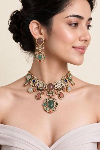 Gold plated multicolor semi precious stone statement necklace set
