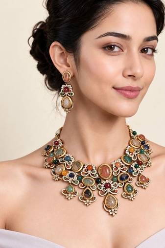 Gold plated multicolor semi precious stone floral necklace set