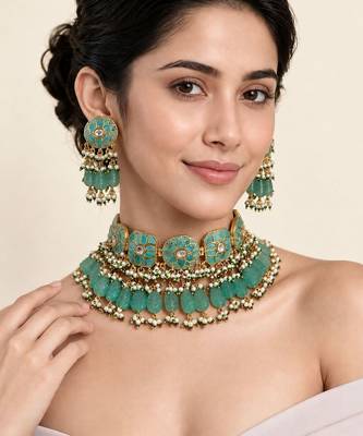 Gold plated turquoise blue floral beaded necklace set 1