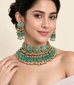 Gold plated turquoise blue floral beaded necklace set
