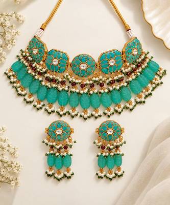 Gold plated turquoise blue floral beaded necklace set 2