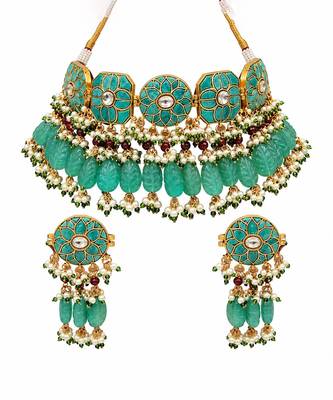 Gold plated turquoise blue floral beaded necklace set 3