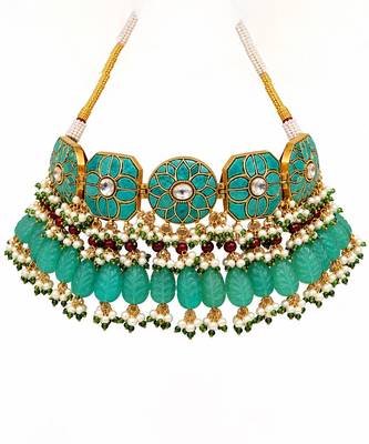 Gold plated turquoise blue floral beaded necklace set 4
