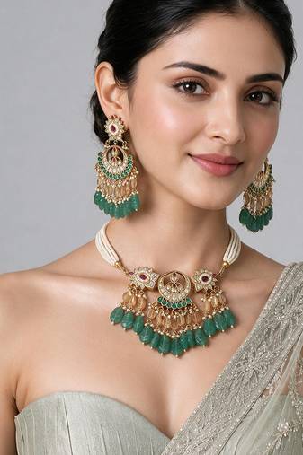 Gold plated emerald green carved beaded kundan necklace set