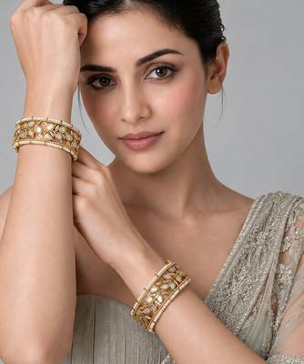 Gold plated kundan pearl leaf statement bangles 1