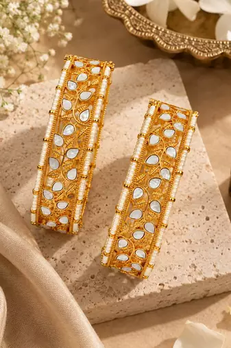 Gold plated kundan pearl leaf statement bangles