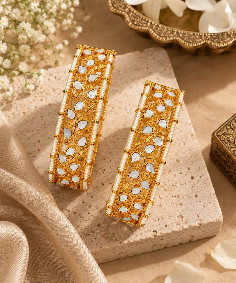 Gold plated kundan pearl leaf statement bangles
