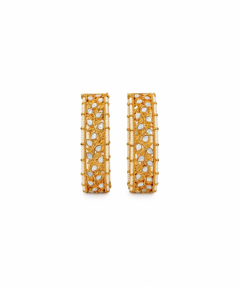 Gold plated kundan pearl leaf statement bangles