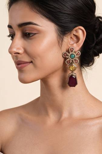 Gold plated multicolor semi precious stone drop earrings
