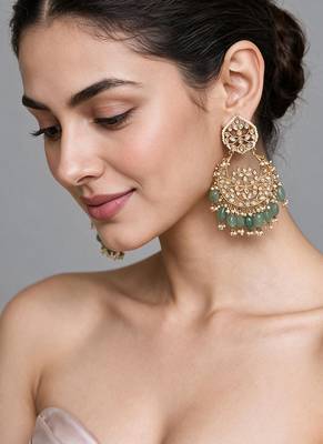 Gold plated sage green beaded chandbali earrings 1