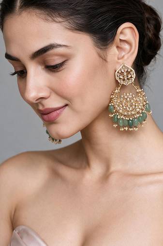 Gold plated sage green beaded chandbali earrings