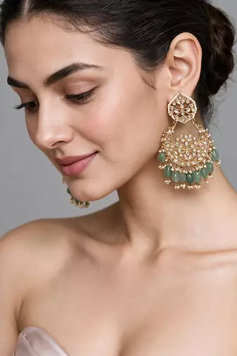 Gold plated sage green beaded chandbali earrings