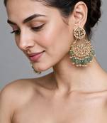 Gold plated sage green beaded chandbali earrings