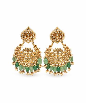 Gold plated sage green beaded chandbali earrings 2