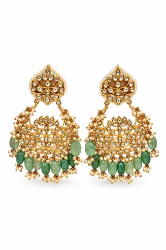 Gold plated sage green beaded chandbali earrings
