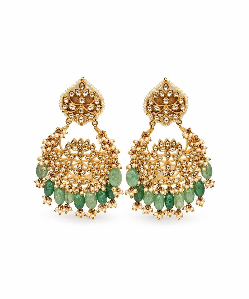 Gold plated sage green beaded chandbali earrings
