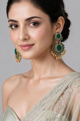Gold plated emerald green stone statement earrings