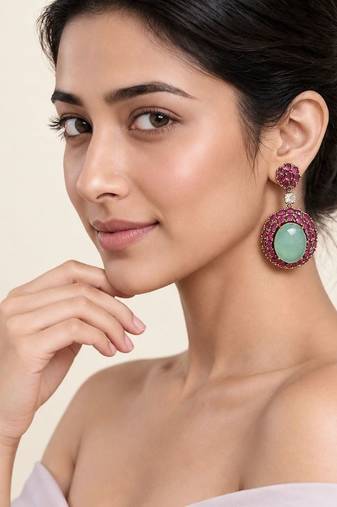 Gold plated ruby red and mint stone drop earrings